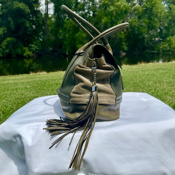 DVF Diane Von Furstenberg Harper Laurel Leather 2Tone Camo Green Shoulder Bag - Picture 6 of 16